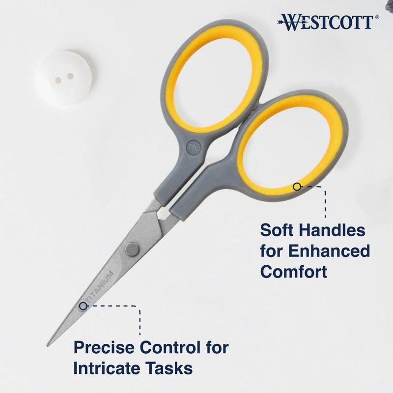 Westcott 4" Embroidery Scissors with Titanium-Bonded Blades, for Crafting, Sewing & More, Gray/Yellow - Image 3